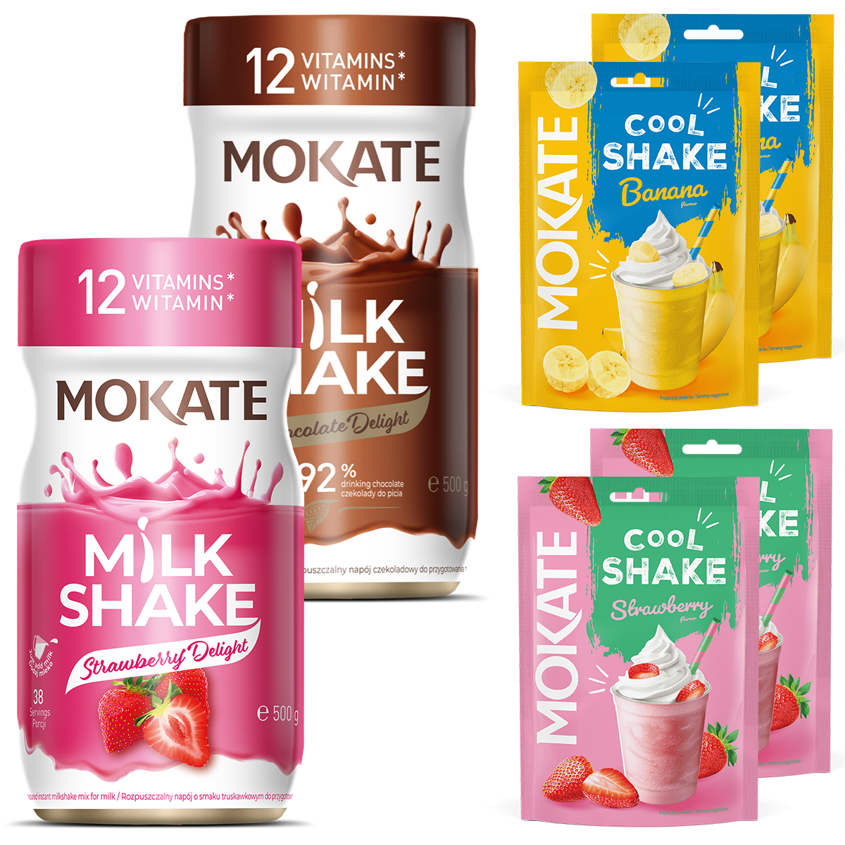 Mix Smaków Shake 6 Sztuk 2x500g Czekolada Truskawka Banan 4x54g